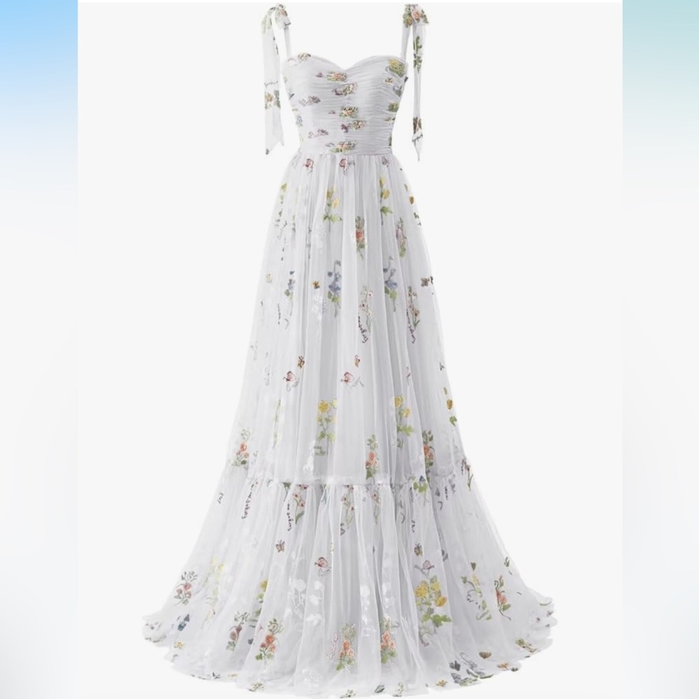 White emboridered floral tulle gown